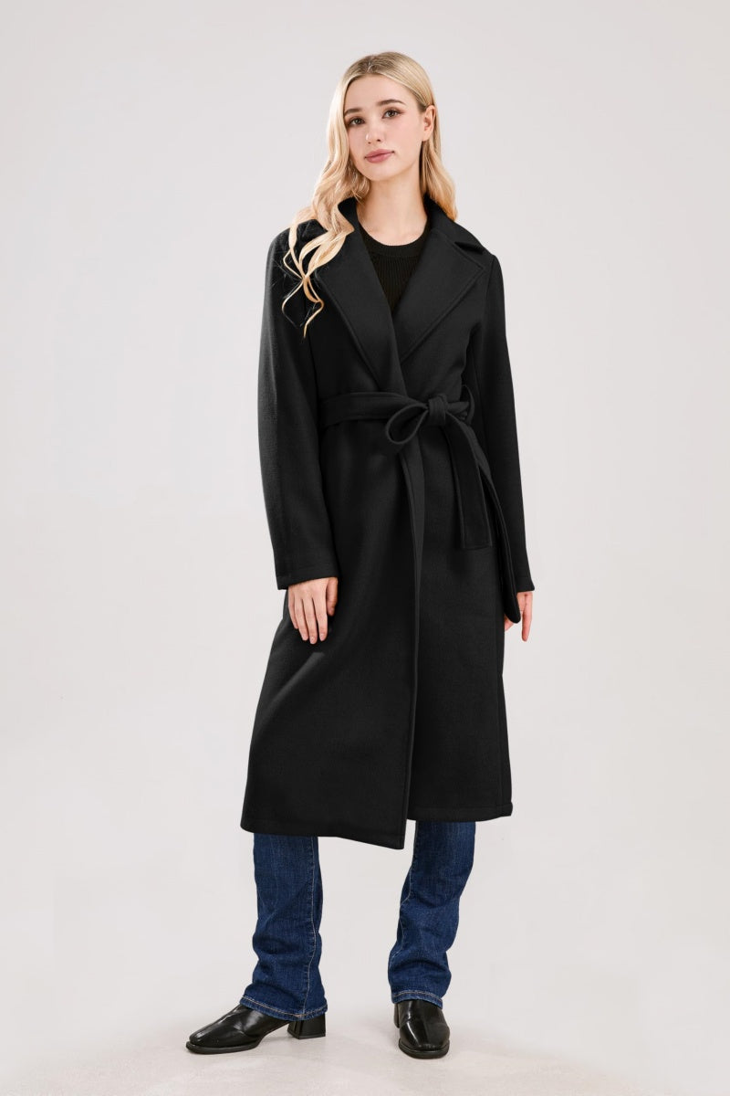 Chouyatou Womens Long Wool Pea Coats Notched Collar Open Front Woolen Blend Trench Coat with Belt