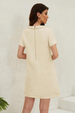 Chouyatou Women's Short Sleeve Crew Neck Tweed Dress A-line Button Part Elegant Mini Dresses