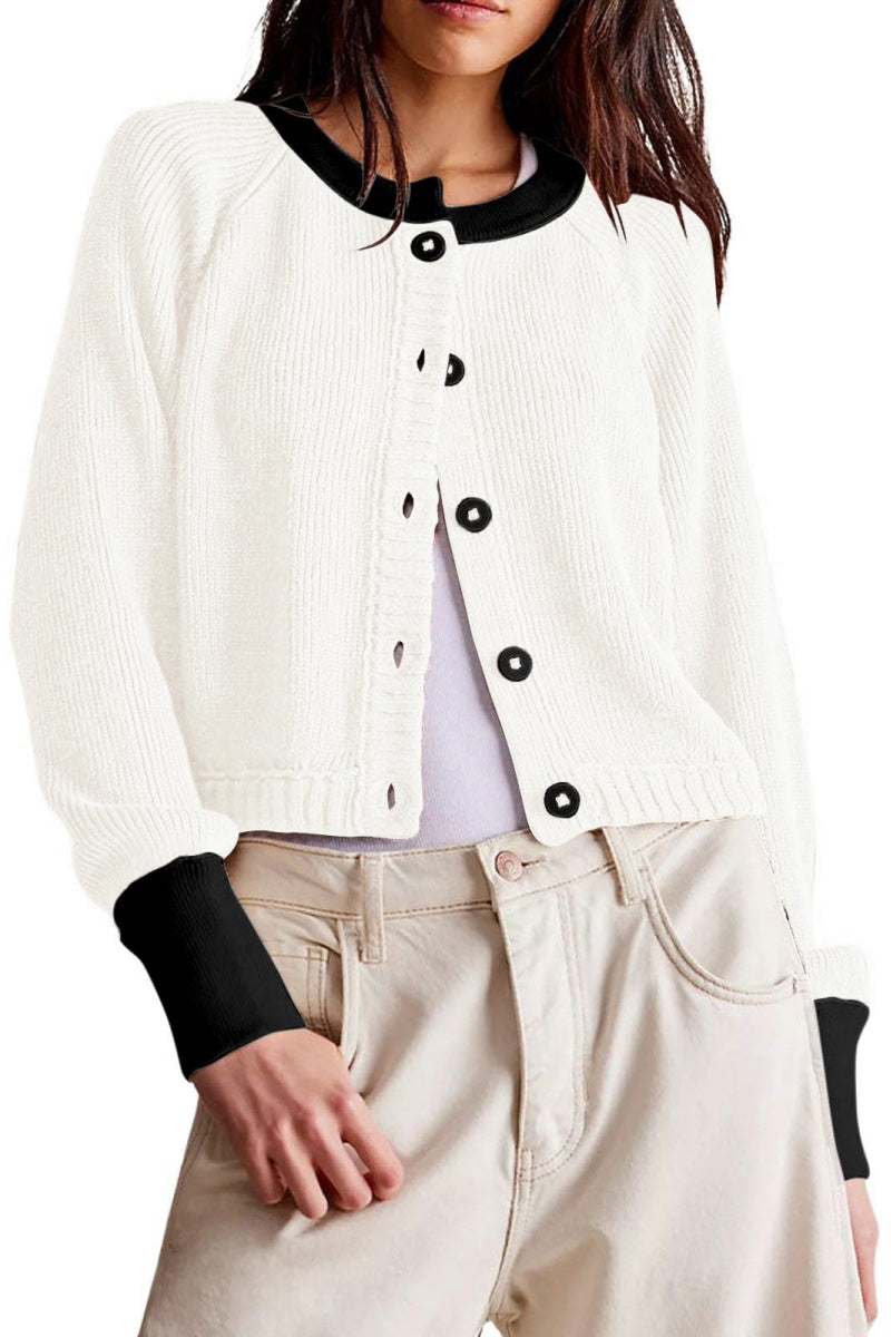 Chouyatou Women Knitted Button Down Cropped Cardigan Jacket Sweater Y2k Fall Knit Color Block Sweater Crewneck Crop Short Coat