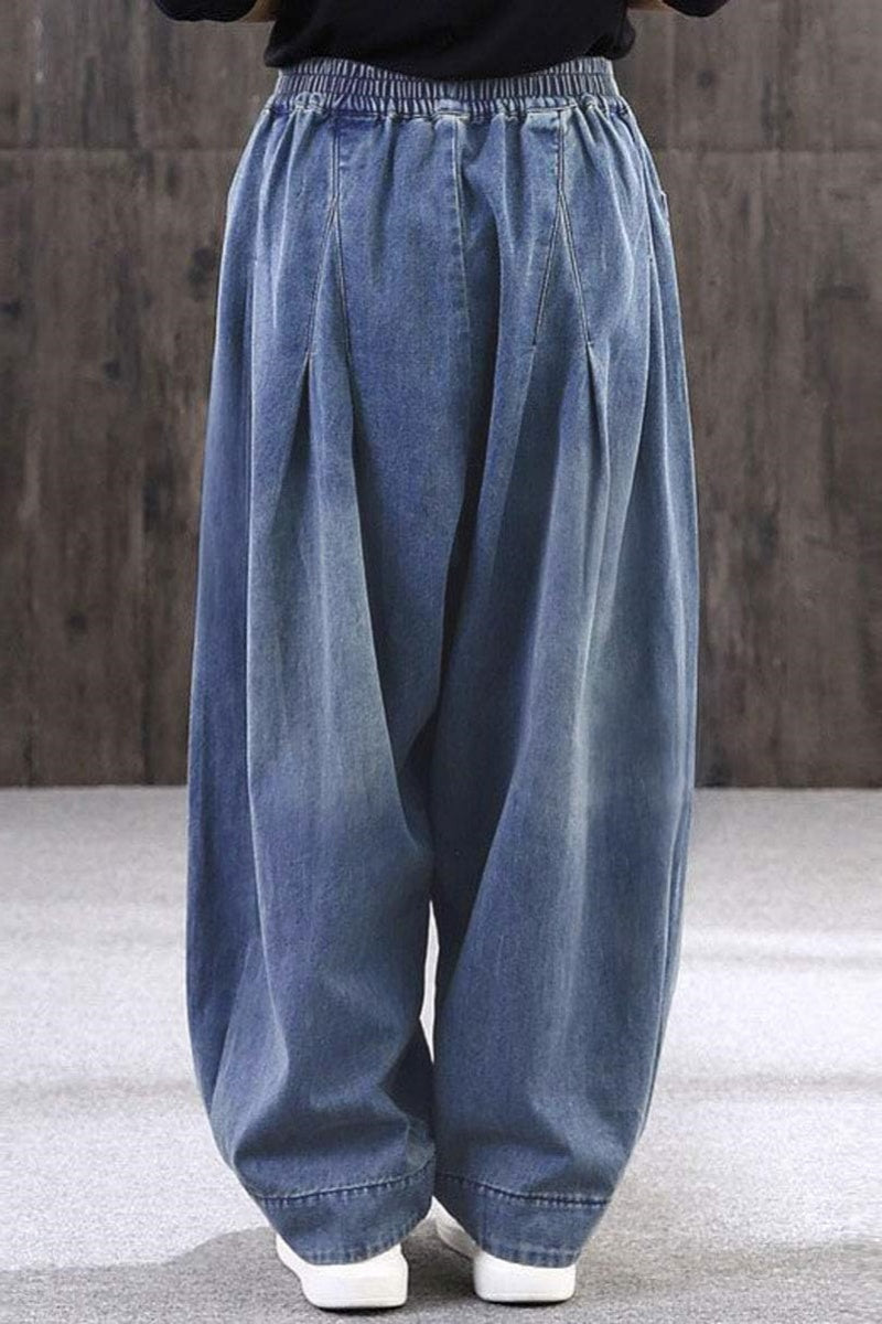 Chouyatou Women's Denim Harem Pants Elastic Waist Pleated Wide Leg Baggy Jeans