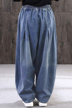 Chouyatou Women's Denim Harem Pants Elastic Waist Pleated Wide Leg Baggy Jeans