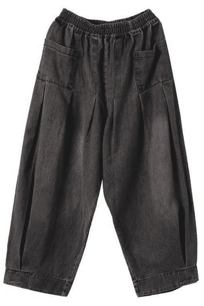 Chouyatou Women's Denim Harem Pants Elastic Waist Pleated Wide Leg Baggy Jeans