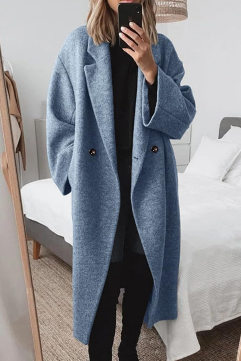 Chouyatou Women's Winter Double Breasted Wool Coat Long Sleeve Notch Lapel Long Trench Coat