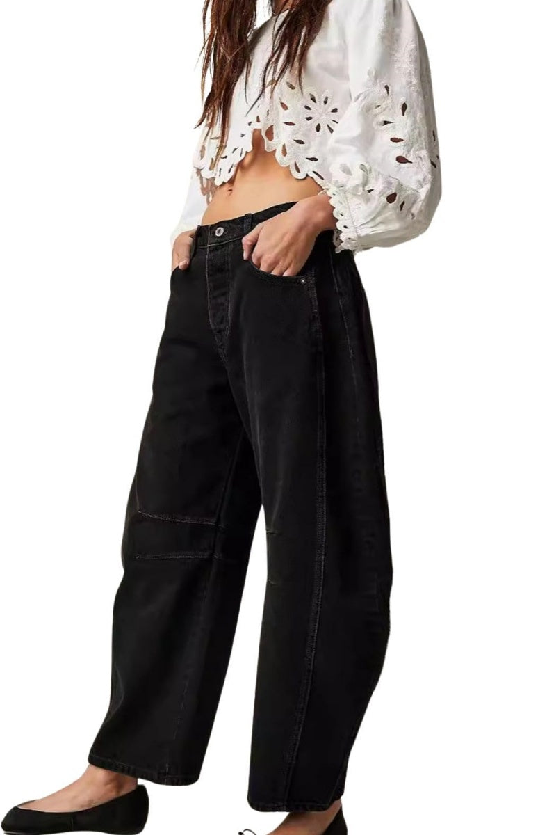 Chouyatou Barrel Jeans Women Wide Leg Cropped Jeans Y2k Mid Rise Baggy Jeans Boyfriend Denim Pants Harem Pants