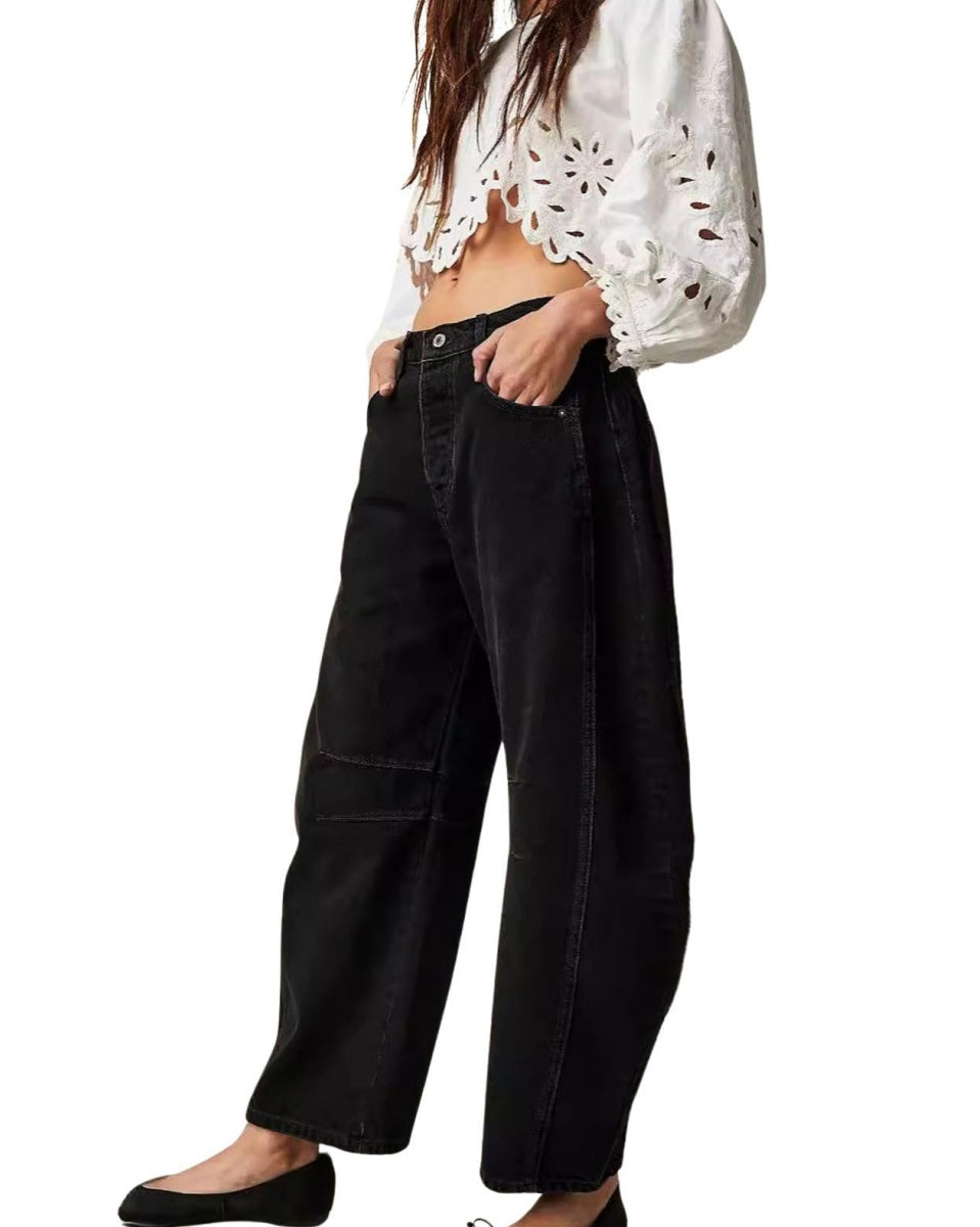 Chouyatou Barrel Jeans Women Wide Leg Cropped Jeans Y2k Mid Rise Baggy Jeans Boyfriend Denim Pants Harem Pants