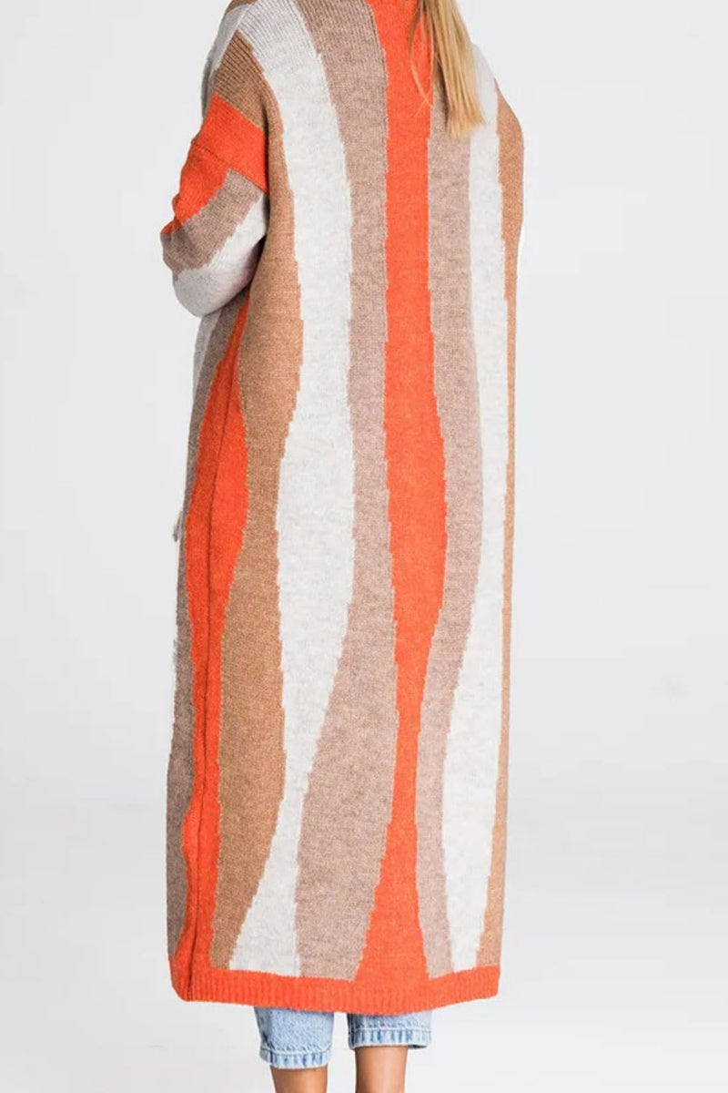 Chouyatou Women's Fall Open Front Color Block Long Cardigan Sweater Coat Casual Vertical Striped Coatigan