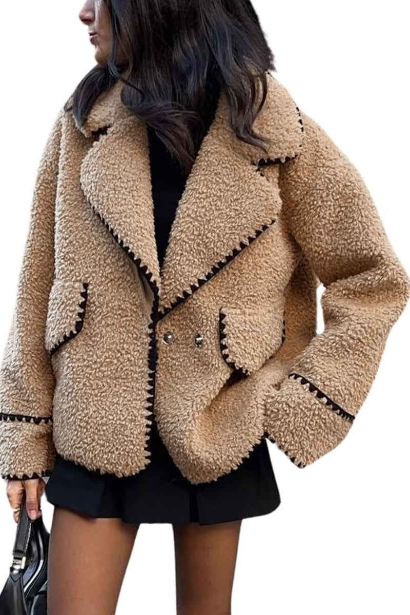 Chouyatou Women's Winter Casual Embroidered Sherpa Jacket Notch Lapel Fuzzy Faux Fur Fleece Jacket Coat