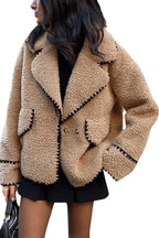 Chouyatou Women's Winter Casual Embroidered Sherpa Jacket Notch Lapel Fuzzy Faux Fur Fleece Jacket Coat