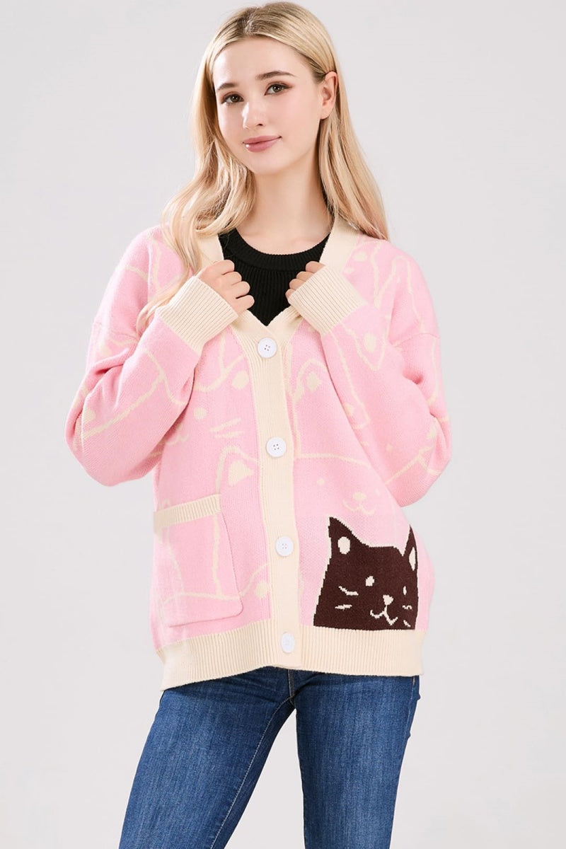 Chouyatou Women's Kawaii Cartoon Cat Cardigan Japanese Aesthetic Button Down Jacquard Knit Sweater Coat