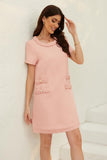 Chouyatou Women's Short Sleeve Crew Neck Tweed Dress A-line Button Part Elegant Mini Dresses