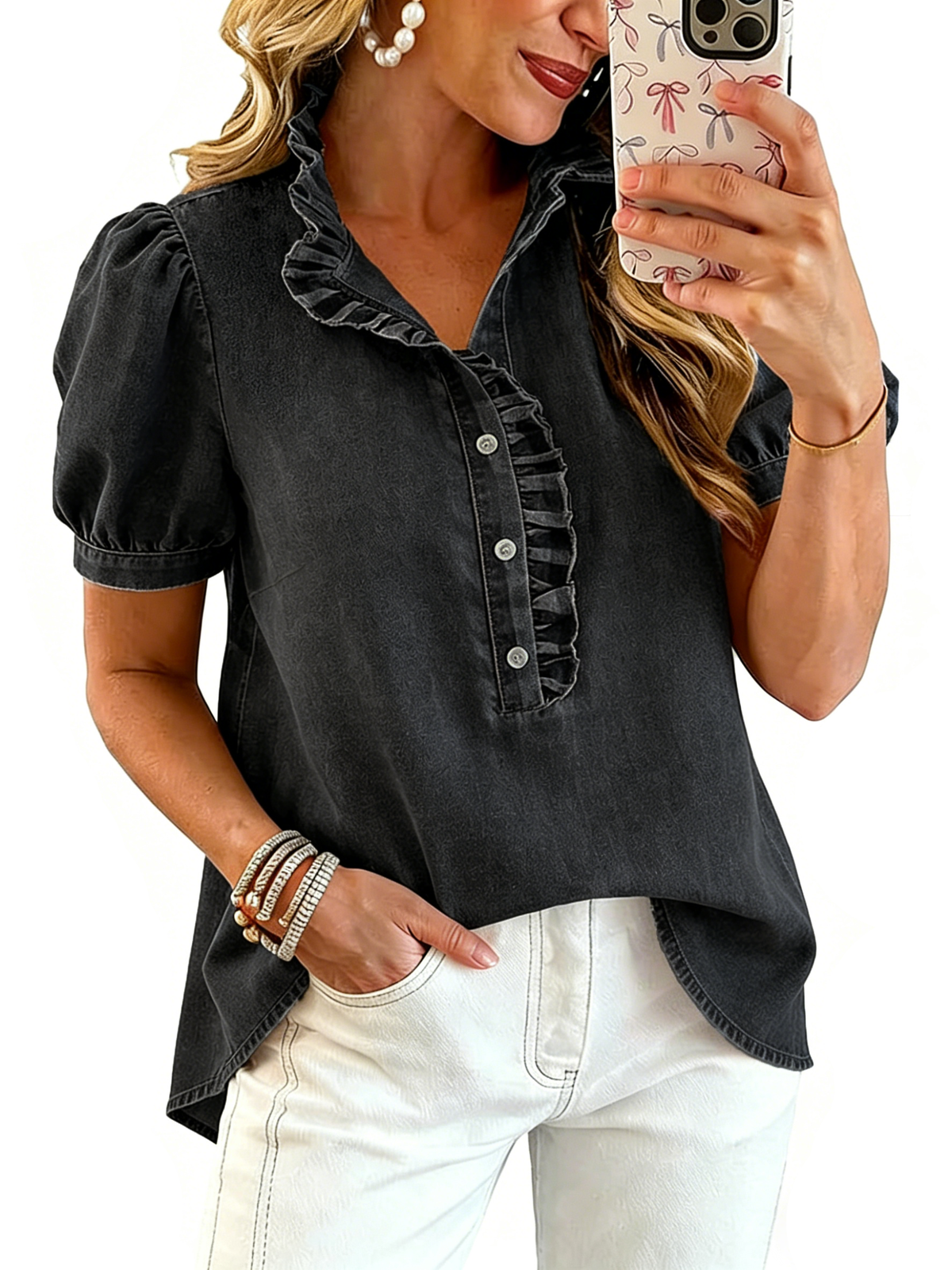 Chouyatou Denim Shirt Women Y2k Ruffle Denim Top Button Down Jean Shirt Summer Puff Short Sleeve Blouse