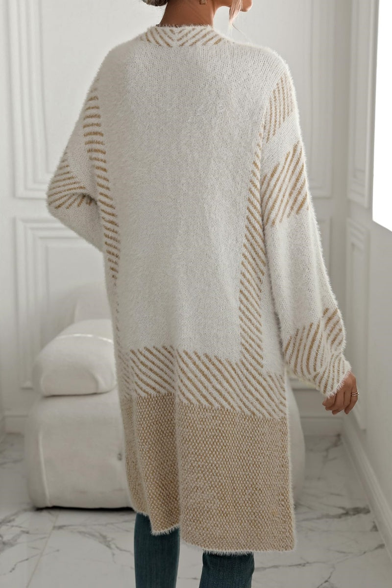 Chouyatou Women's Color Block Striped Fuzzy Long Cardigan Sweaters Open Front Diagonal Stripe Knit Cardigan Jacket Coat