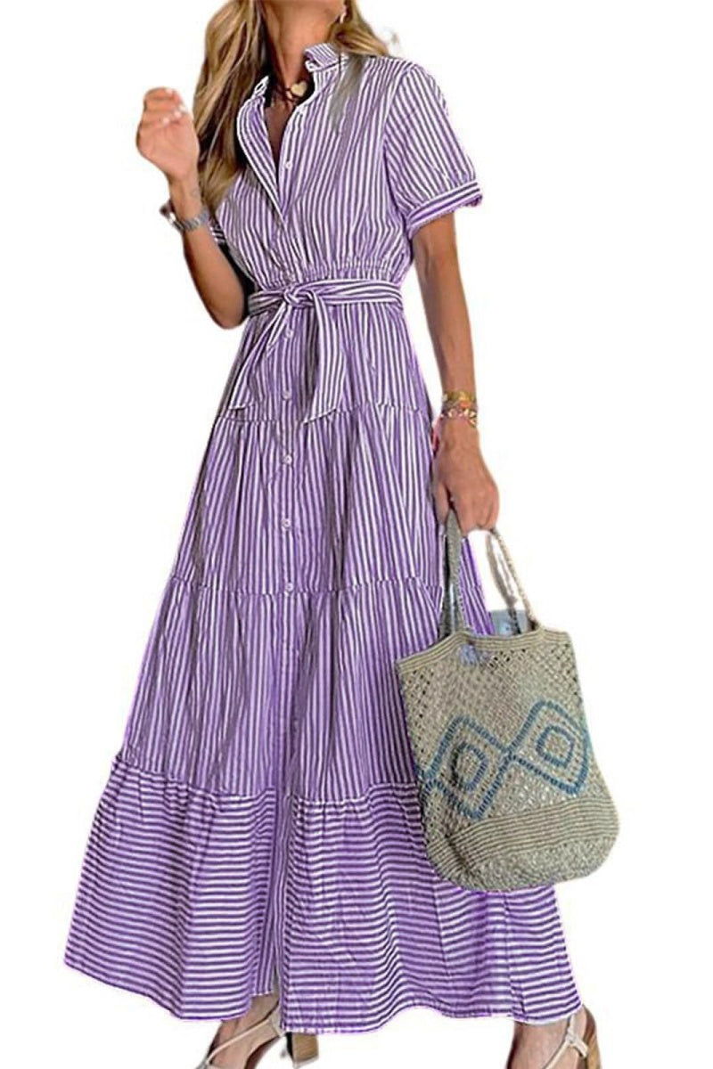 Chouyatou Womens Casual Short Sleeve Button Down Tie Waist Ruffled Striped Maxi Shirt Dress