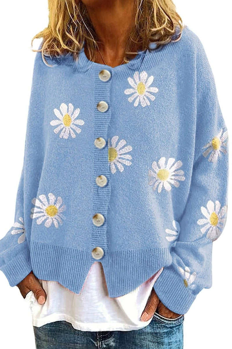 Chouyatou Women's Vintage Floral Crop Cardigan Sweather Artistic Aesthetic Cable Knitted Oversized Sweater Outwear