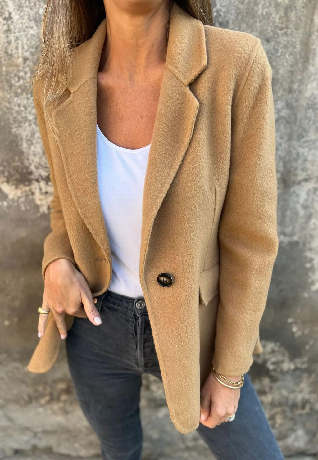 Chouyatou Women Solid Color Blazer Wool Blend Causal Business Office Open Front Short Jacket Pea Coat