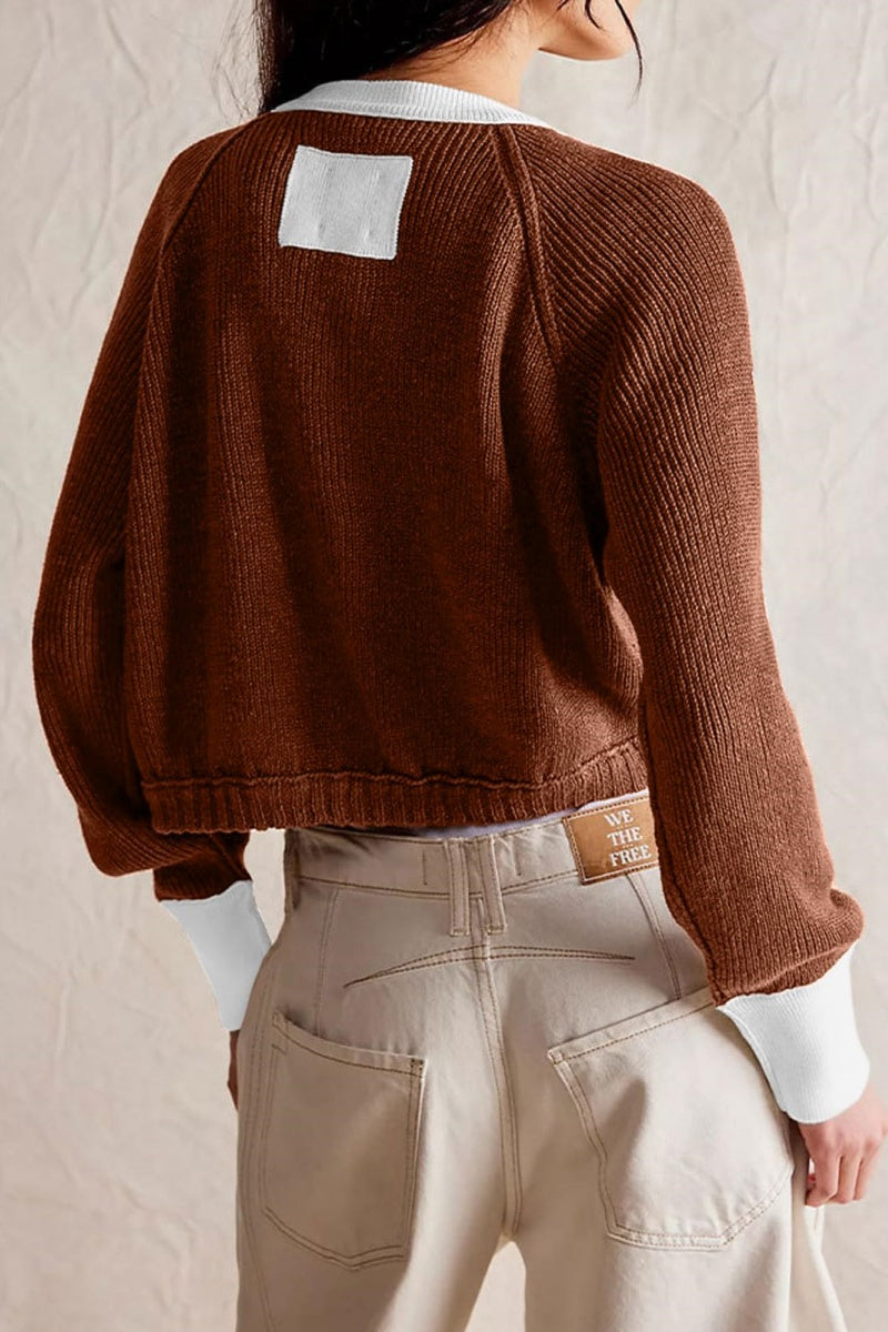 Chouyatou Women Knitted Button Down Cropped Cardigan Jacket Sweater Y2k Fall Knit Color Block Sweater Crewneck Crop Short Coat