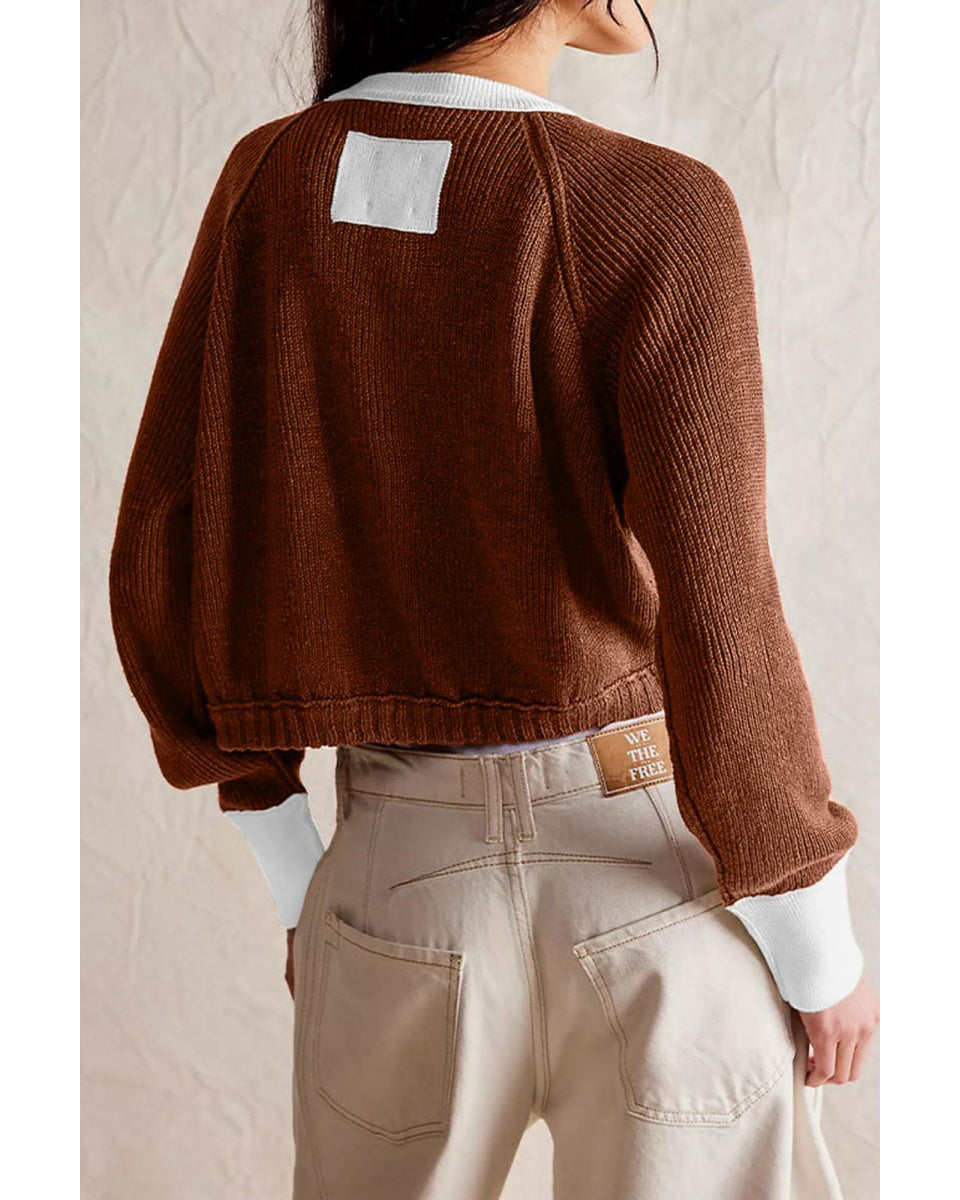 Chouyatou Women Knitted Button Down Cropped Cardigan Jacket Sweater Y2k Fall Knit Color Block Sweater Crewneck Crop Short Coat