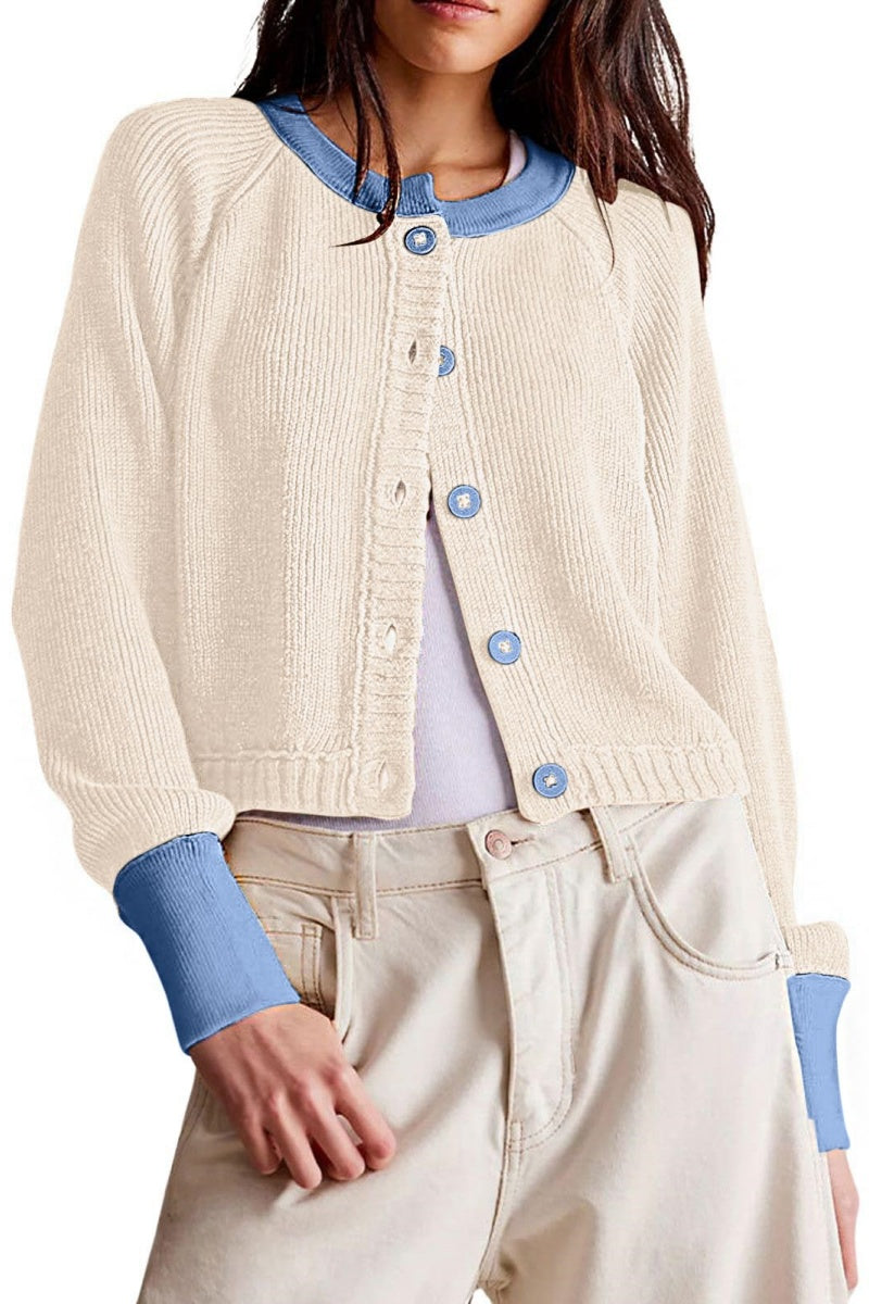 Chouyatou Women Knitted Button Down Cropped Cardigan Jacket Sweater Y2k Fall Knit Color Block Sweater Crewneck Crop Short Coat