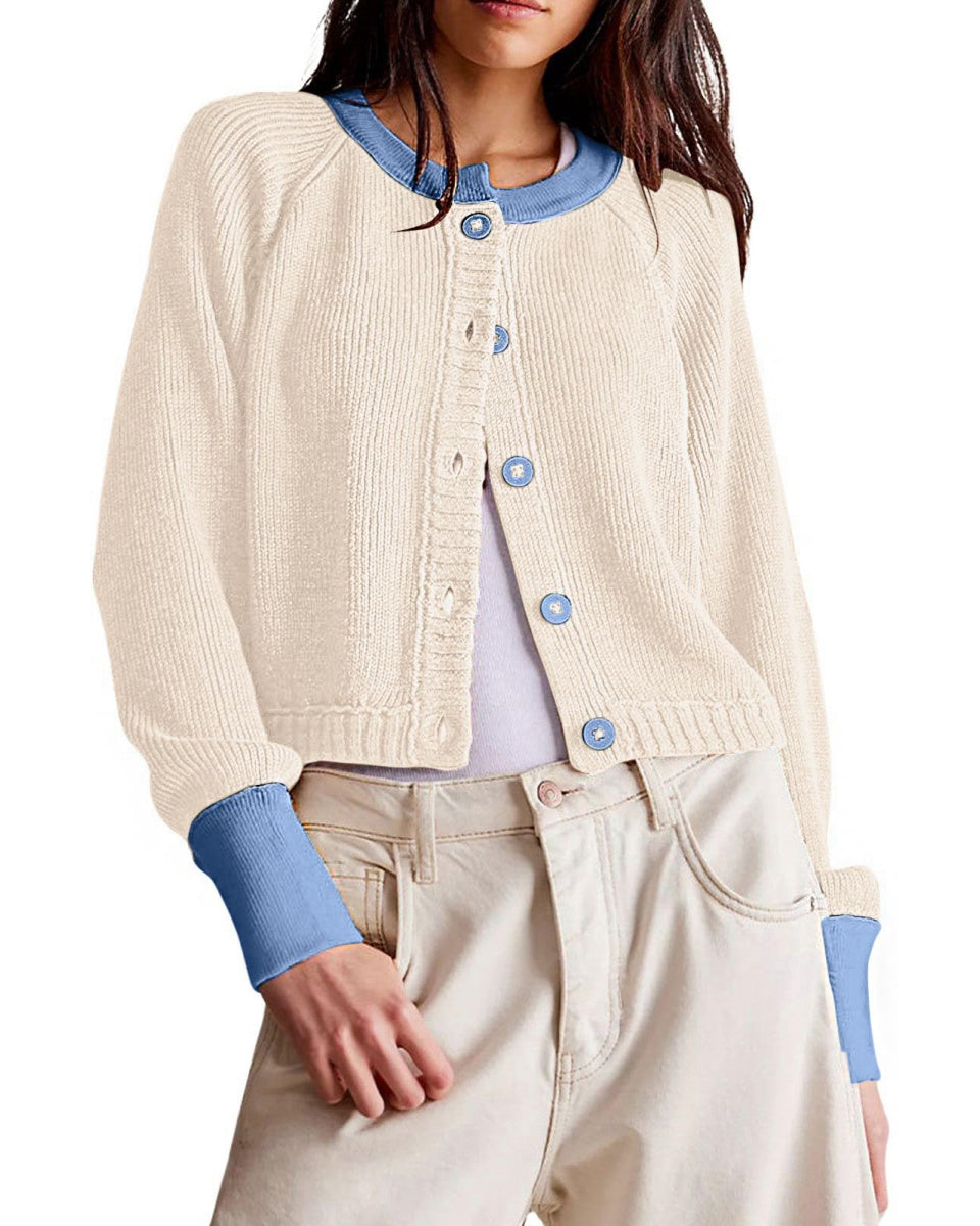 Chouyatou Women Knitted Button Down Cropped Cardigan Jacket Sweater Y2k Fall Knit Color Block Sweater Crewneck Crop Short Coat