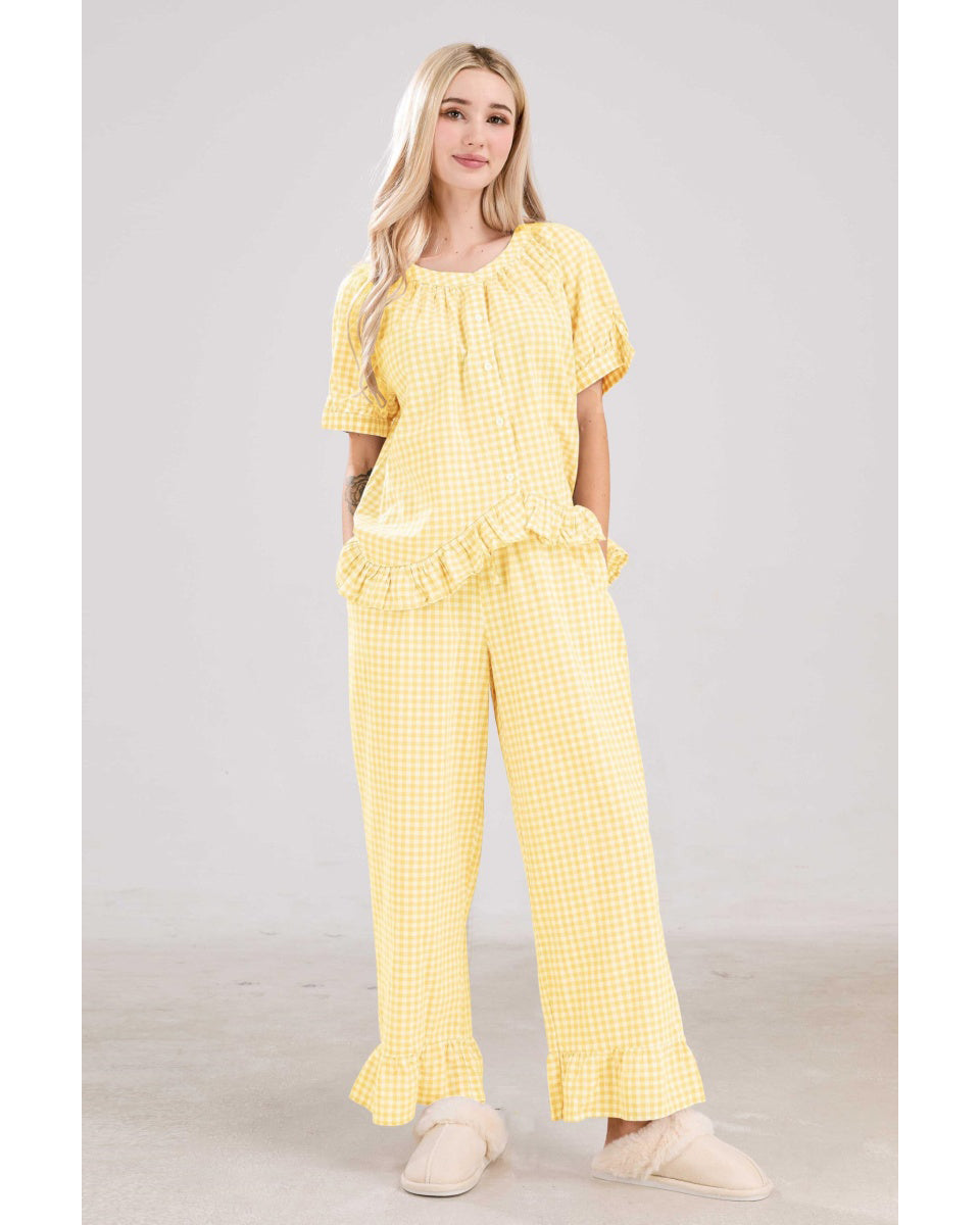 Chouyatou Womens Gingham Pajama Set 2 Piece Short Sleeve Babydoll Shirt and Pants Lounge Set Cute Sleepwear