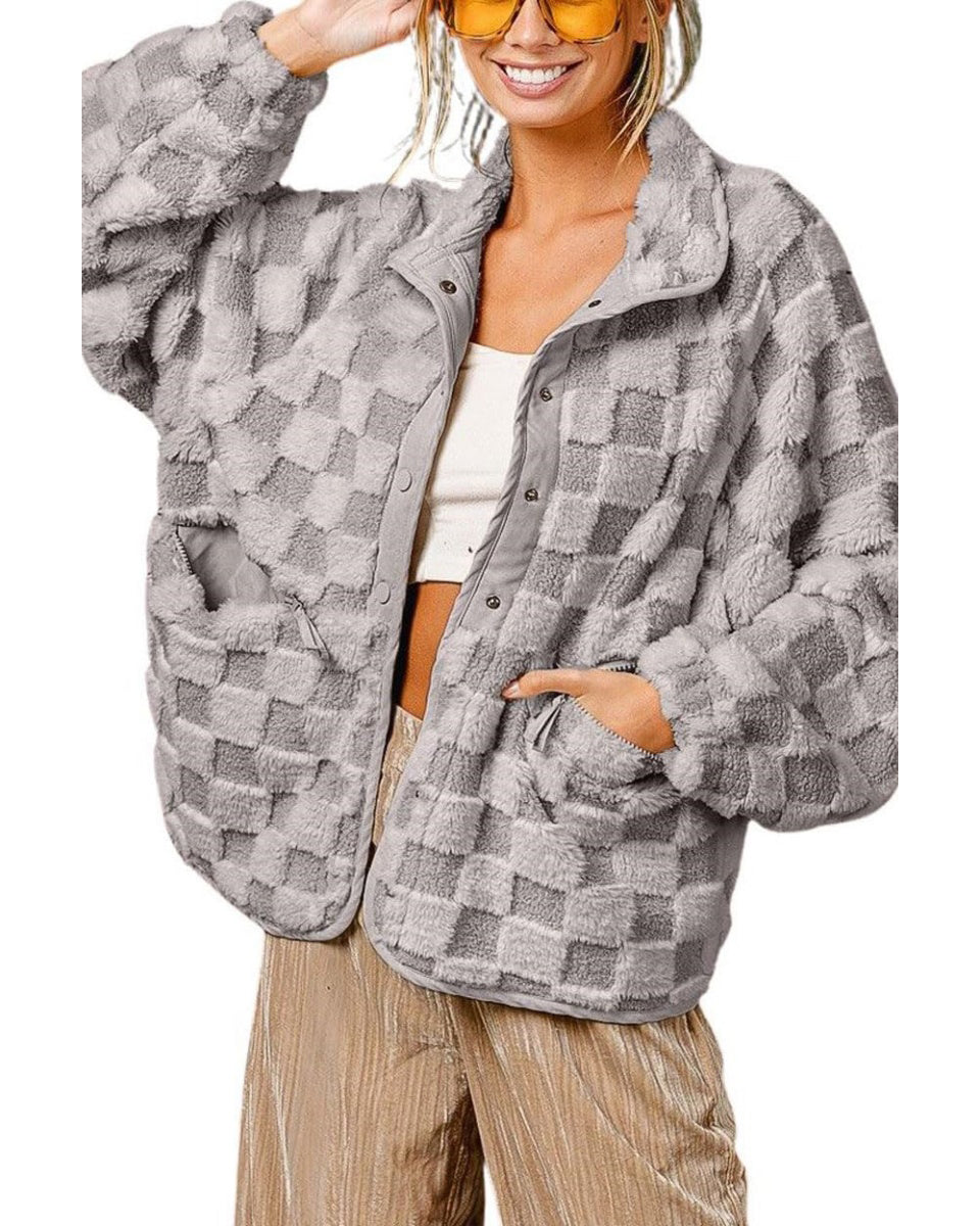 Chouyatou Women Winter Casual Checkered Fleece Jacket Fuzzy Oversized Sherpa Jacket Shacket Faux Fur Coat