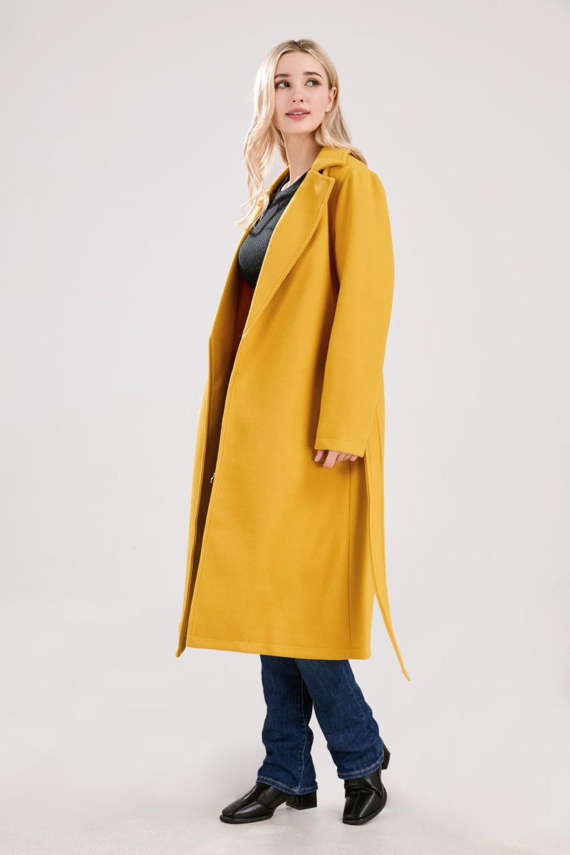 Chouyatou Womens Long Wool Pea Coats Notched Collar Open Front Woolen Blend Trench Coat with Belt
