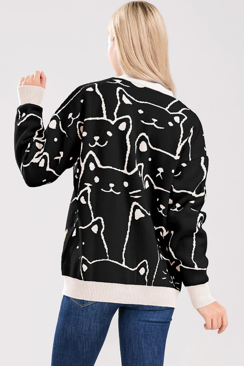 Chouyatou Women's Kawaii Cartoon Cat Cardigan Japanese Aesthetic Button Down Jacquard Knit Sweater Coat