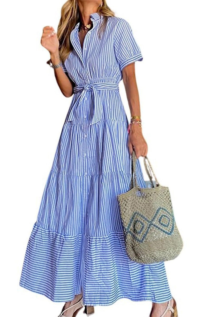 Chouyatou Womens Casual Short Sleeve Button Down Tie Waist Ruffled Striped Maxi Shirt Dress
