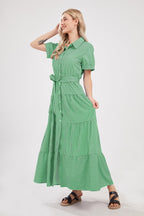 Chouyatou Womens Casual Short Sleeve Button Down Tie Waist Ruffled Striped Maxi Shirt Dress