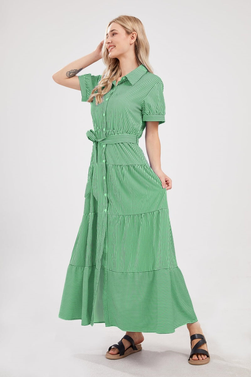 Chouyatou Womens Casual Short Sleeve Button Down Tie Waist Ruffled Striped Maxi Shirt Dress