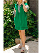 Chouyatou Women's Summer V-Neck Polo Collared Mini Dress Loose Casual Striped Splicing T-Shirt Dress