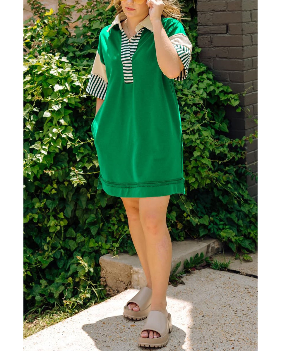 Chouyatou Women's Summer V-Neck Polo Collared Mini Dress Loose Casual Striped Splicing T-Shirt Dress