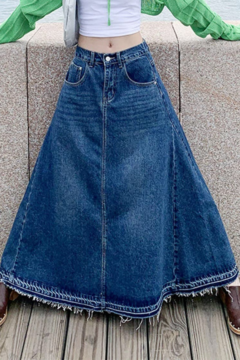 Chouyatou Women's Back Elastic High Waist A-Line Maxi Long Denim Jean Skirt