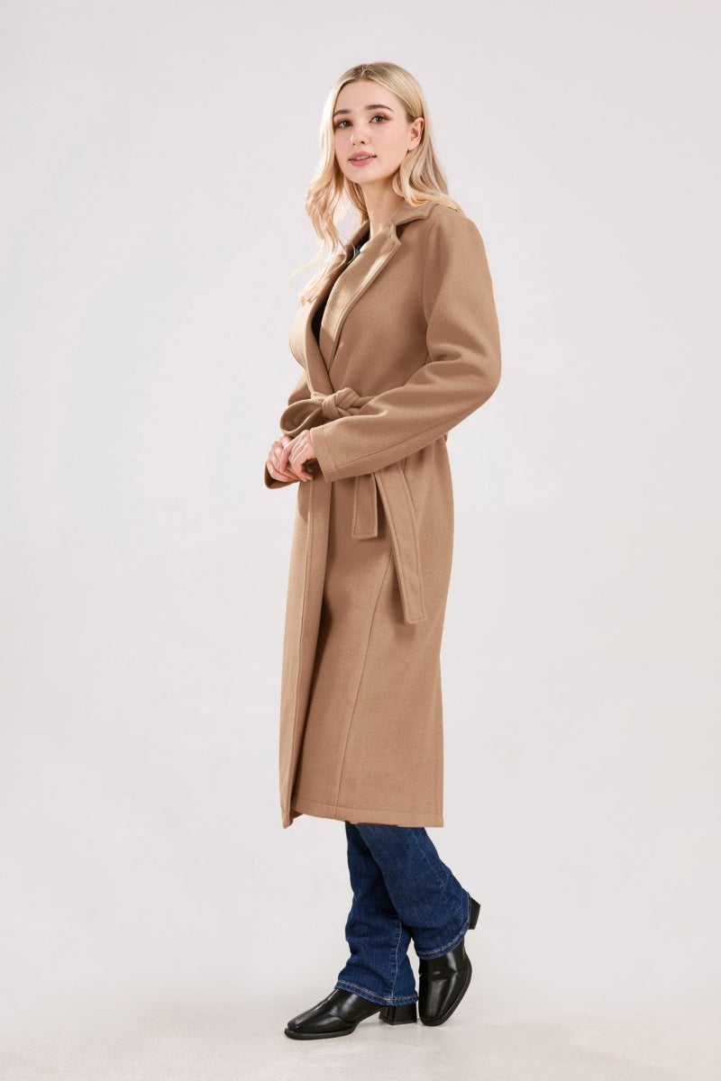 Chouyatou Womens Long Wool Pea Coats Notched Collar Open Front Woolen Blend Trench Coat with Belt