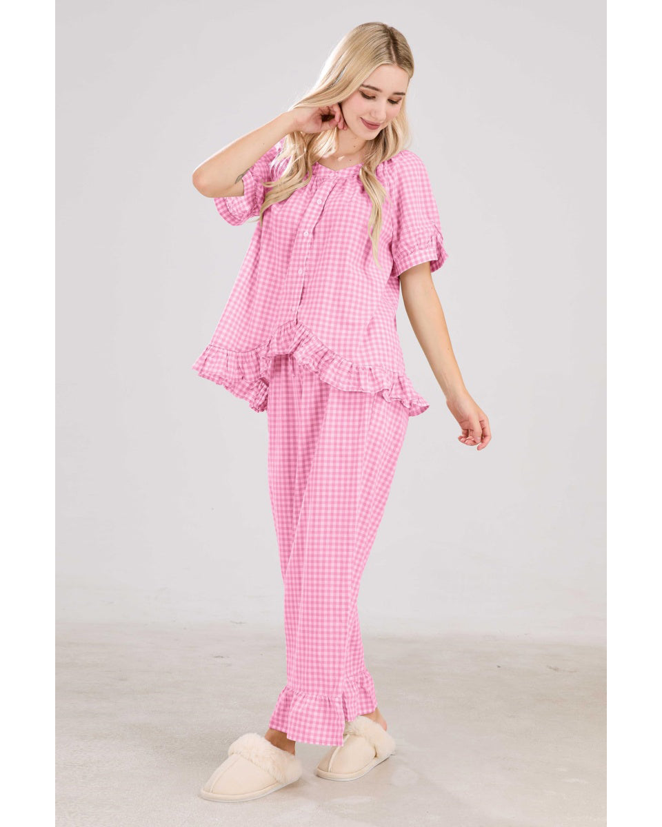 Chouyatou Womens Gingham Pajama Set 2 Piece Short Sleeve Babydoll Shirt and Pants Lounge Set Cute Sleepwear