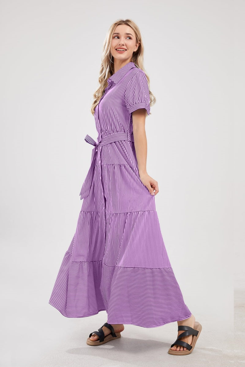 Chouyatou Womens Casual Short Sleeve Button Down Tie Waist Ruffled Striped Maxi Shirt Dress