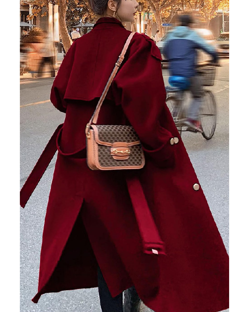 Chouyatou chouyatou Women's Winter Double Breasted Midi Long Wool Pea Coat Notch Lapel Winter Trench Coat