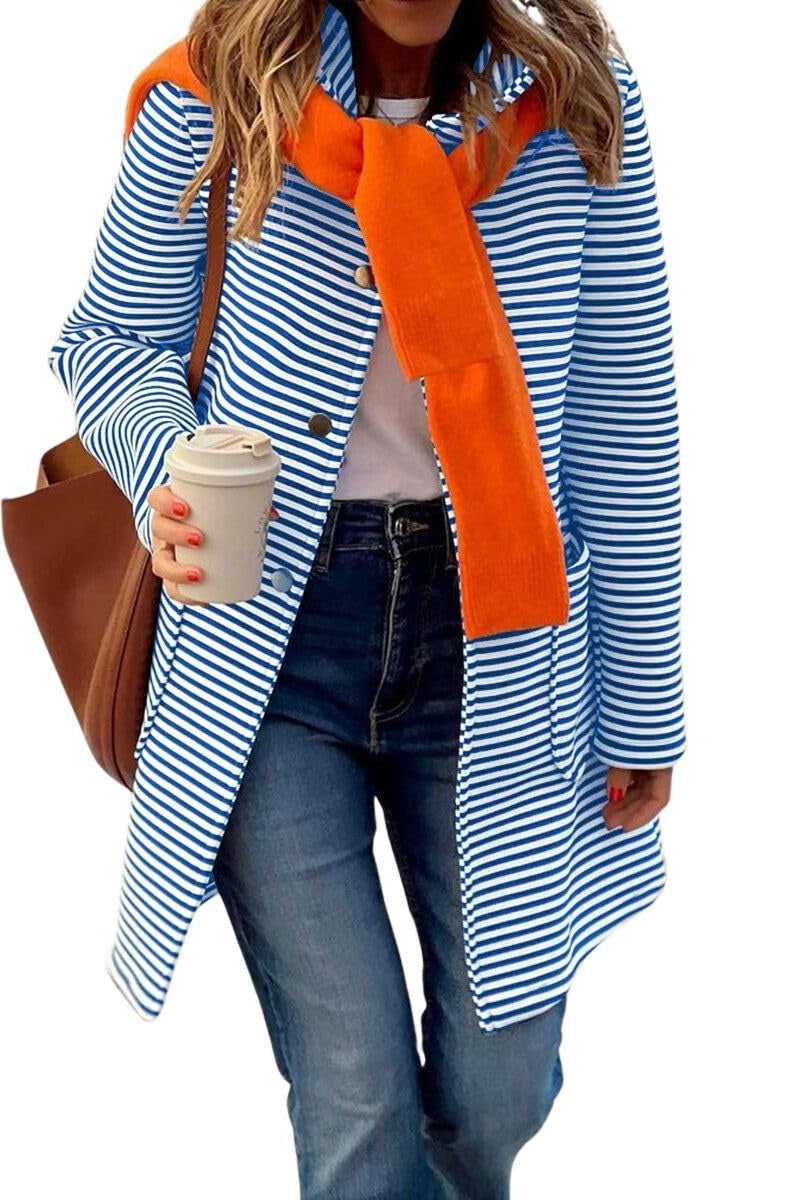 Chouyatou Women's Color Block Striped Hooded Cardigan Sweaters Button Down Long Coatigan Jackets with Pockets