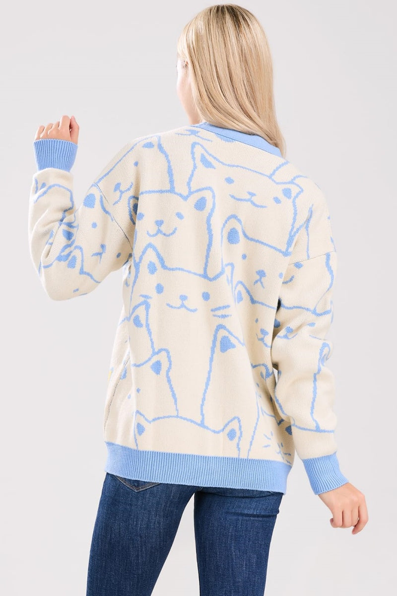 Chouyatou Women's Kawaii Cartoon Cat Cardigan Japanese Aesthetic Button Down Jacquard Knit Sweater Coat