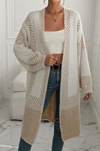 Chouyatou Women's Color Block Striped Fuzzy Long Cardigan Sweaters Open Front Diagonal Stripe Knit Cardigan Jacket Coat