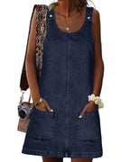 Chouyatou Women's Vintage Distressed Sleeveless Baggy Loose Denim Mini Dress with Pocket
