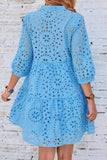 Chouyatou Women's 2025 Eyelet Lace Midi Dress V Neck Puff 3/4 Sleeve Button Tiered Sexy A Line Sun Dress