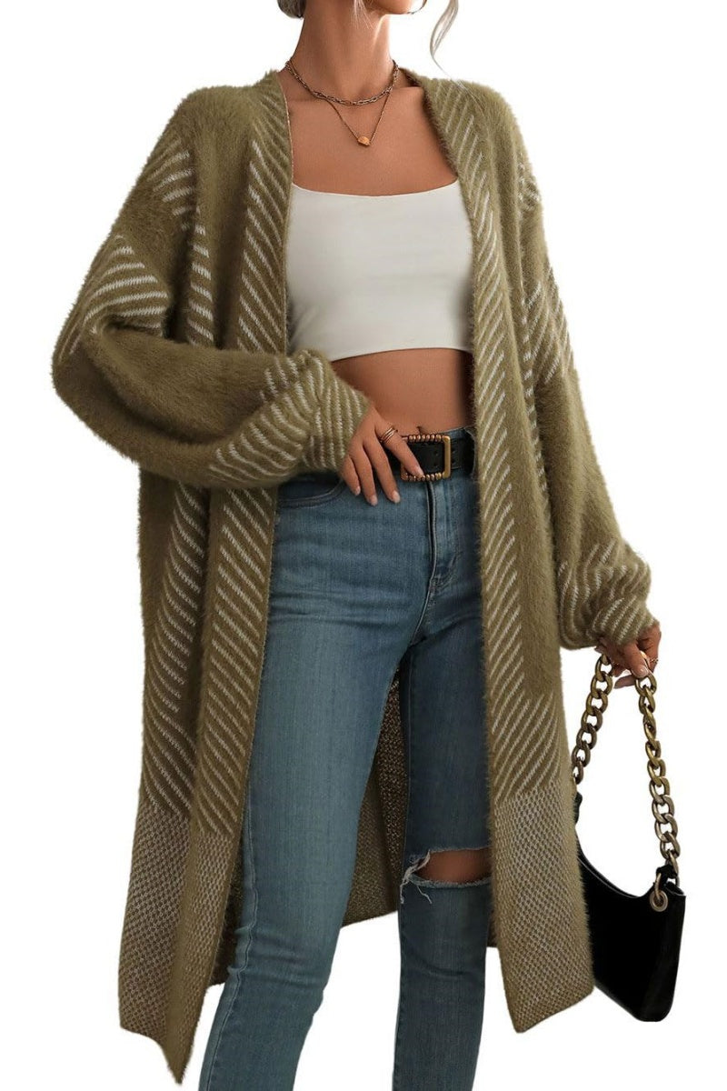 Chouyatou Women's Color Block Striped Fuzzy Long Cardigan Sweaters Open Front Diagonal Stripe Knit Cardigan Jacket Coat