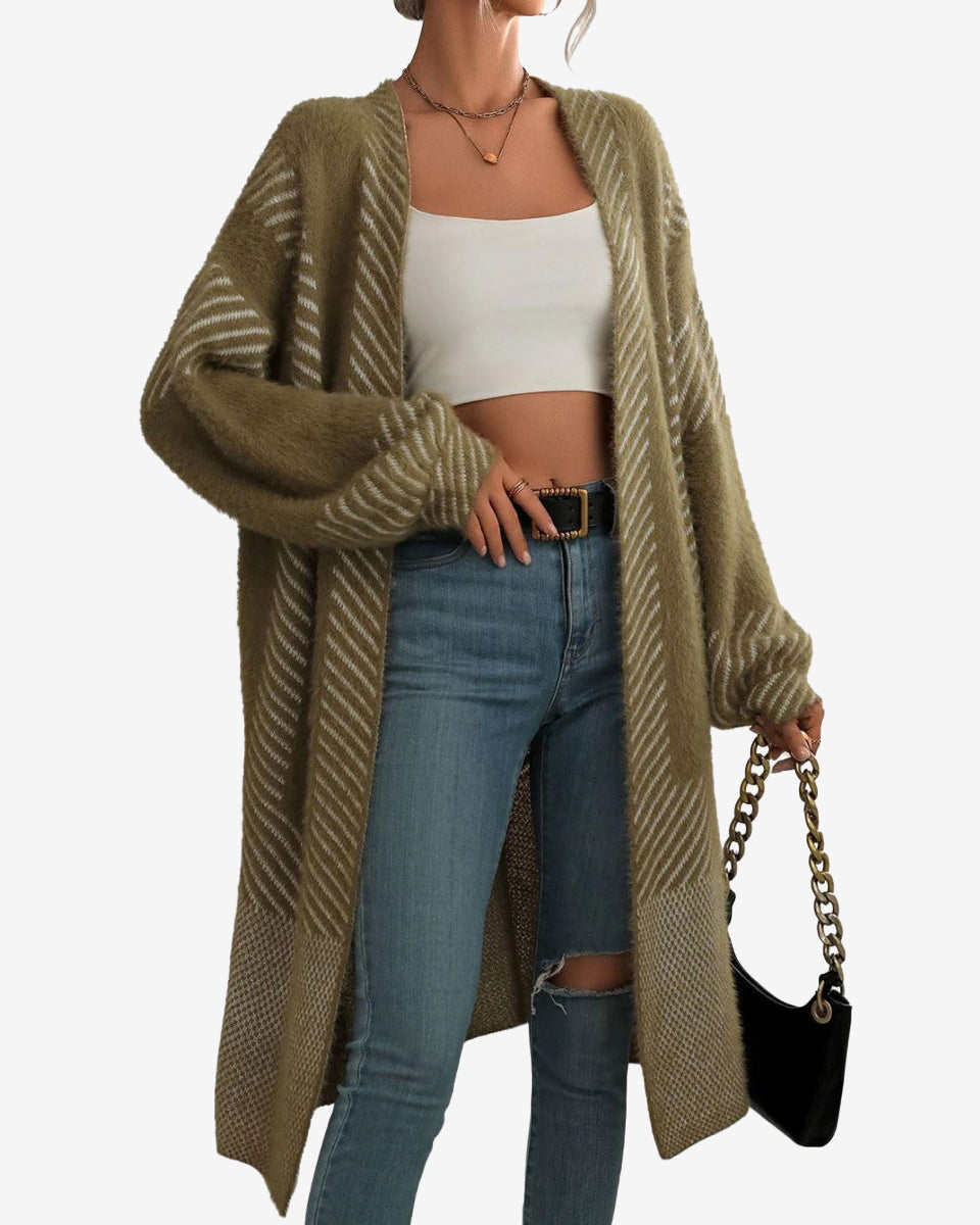 Chouyatou Women's Color Block Striped Fuzzy Long Cardigan Sweaters Open Front Diagonal Stripe Knit Cardigan Jacket Coat