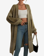 Chouyatou Women's Color Block Striped Fuzzy Long Cardigan Sweaters Open Front Diagonal Stripe Knit Cardigan Jacket Coat