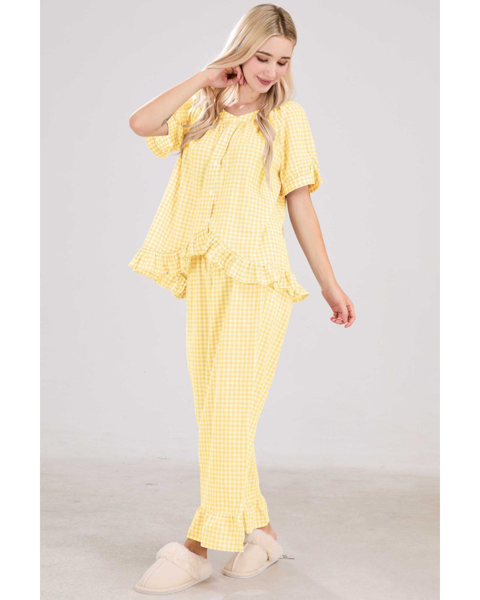 Chouyatou Womens Gingham Pajama Set 2 Piece Short Sleeve Babydoll Shirt and Pants Lounge Set Cute Sleepwear