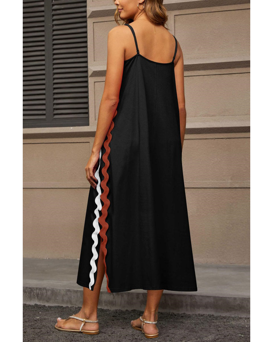 Chouyatou Women's Summer Casual RIC Rac Spaghetti Strap Long Dress Boho Split Sleeveless Beach Sundress