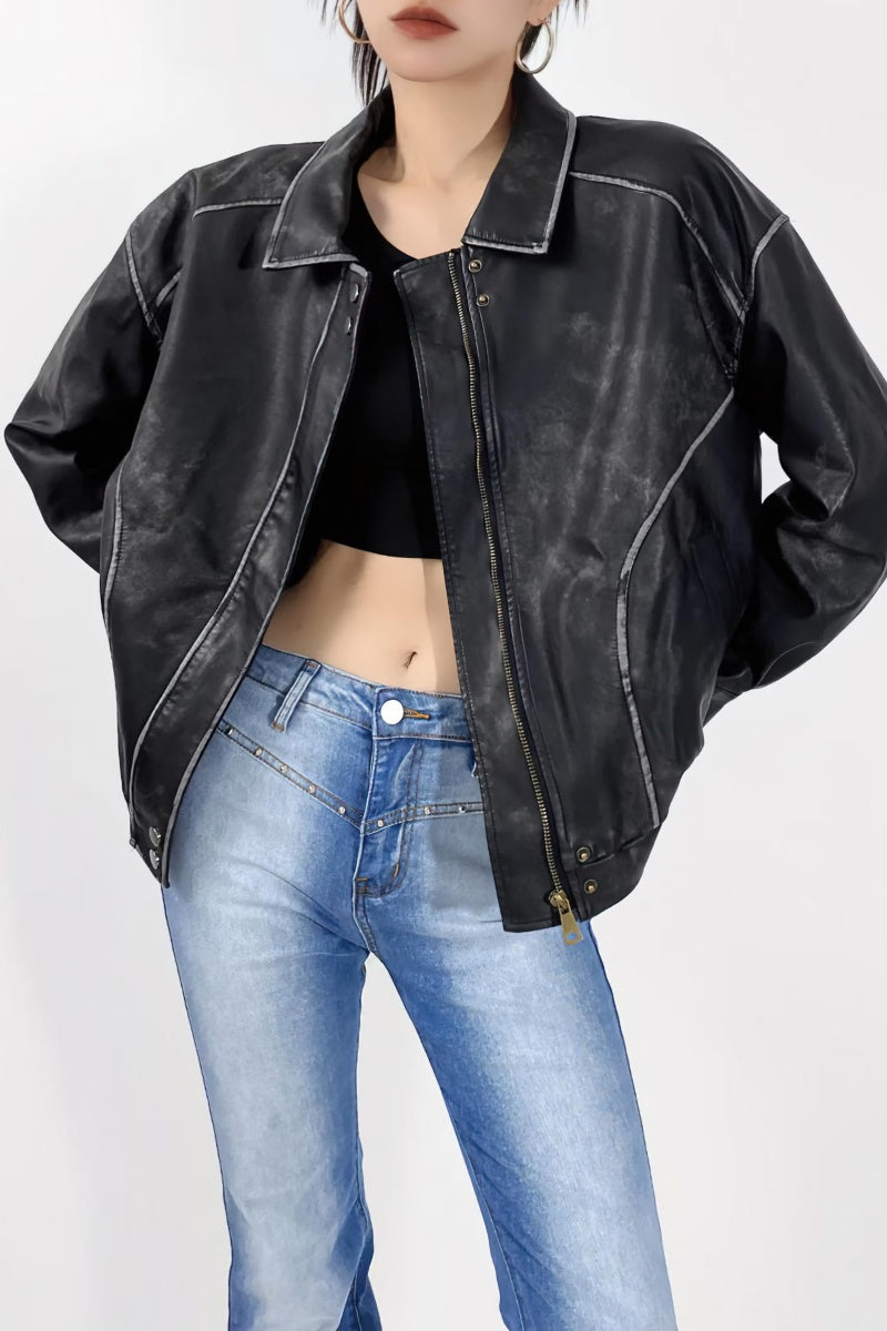 Chouyatou Women's Fall Distressed Faux Leather Bomber Jacket Motorcycle Oversized Leather Jacket