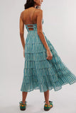 Chouyatou Women's Sexy Spaghetti Strap Striped Smocked Dress Back Cut Out Flowy Swing Tiered Midi Long Dress