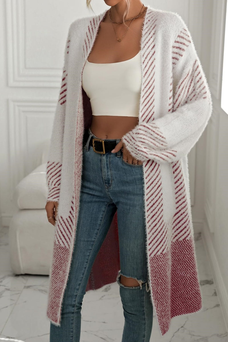 Chouyatou Women's Color Block Striped Fuzzy Long Cardigan Sweaters Open Front Diagonal Stripe Knit Cardigan Jacket Coat